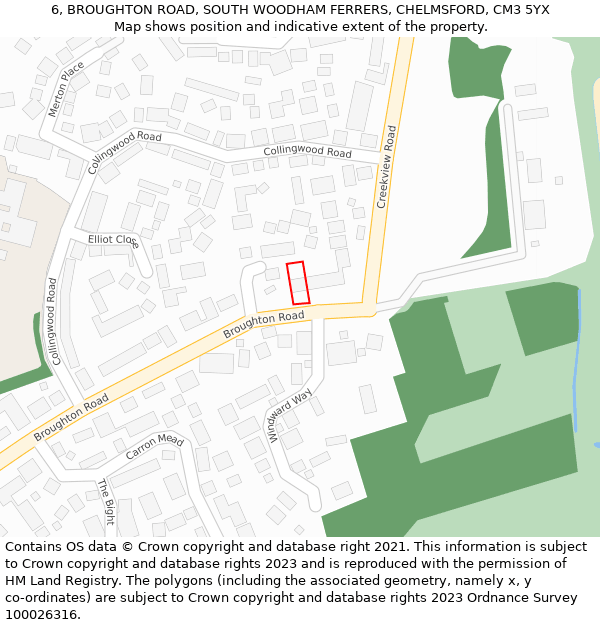 6, BROUGHTON ROAD, SOUTH WOODHAM FERRERS, CHELMSFORD, CM3 5YX: Location map and indicative extent of plot