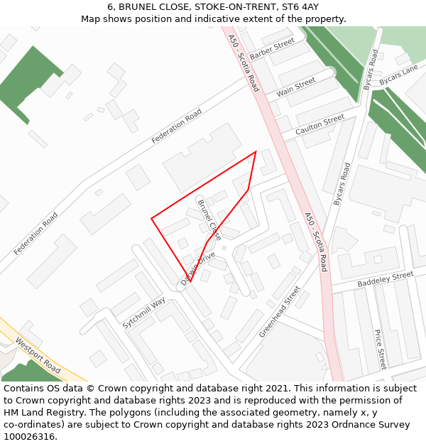 6, BRUNEL CLOSE, STOKE-ON-TRENT, ST6 4AY: Location map and indicative extent of plot