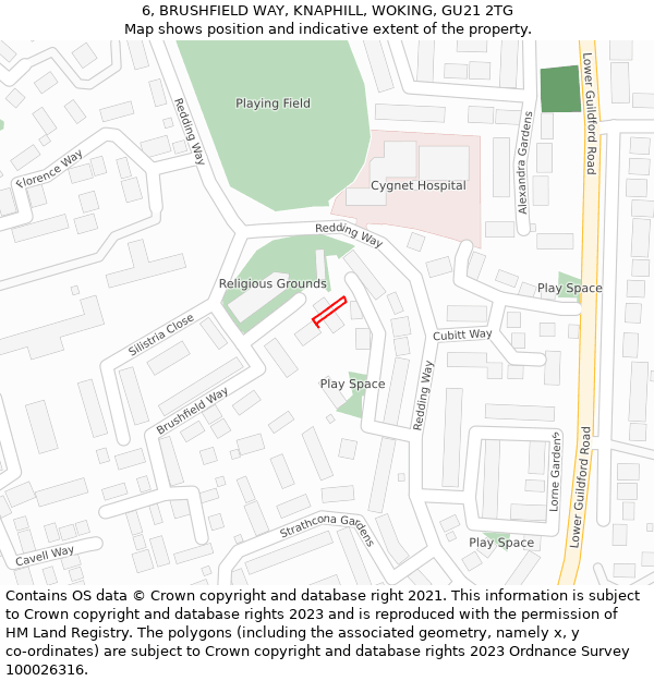 6, BRUSHFIELD WAY, KNAPHILL, WOKING, GU21 2TG: Location map and indicative extent of plot