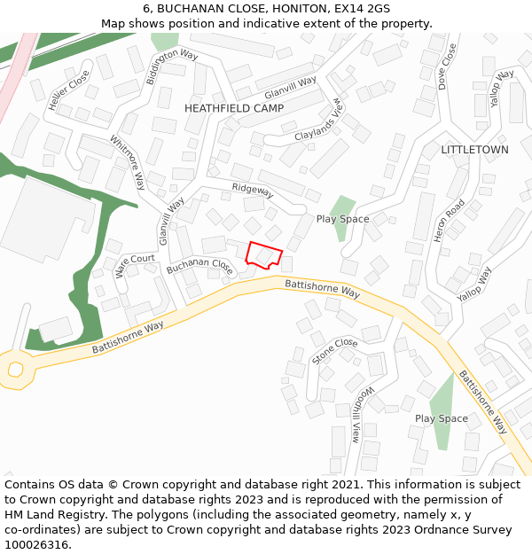 6, BUCHANAN CLOSE, HONITON, EX14 2GS: Location map and indicative extent of plot