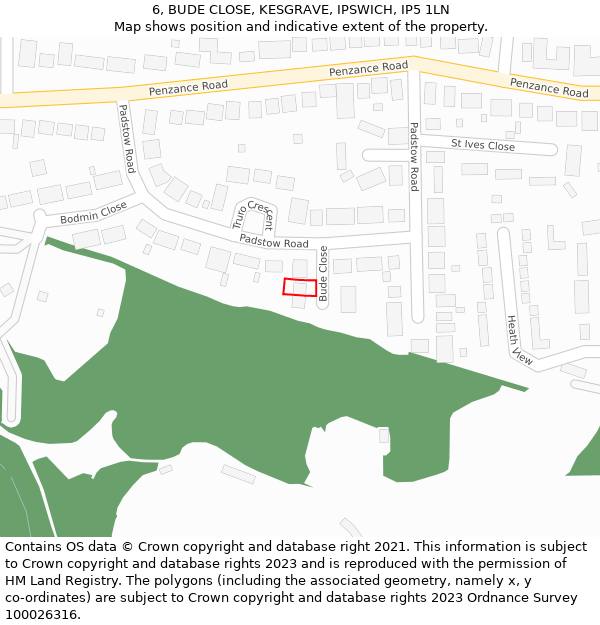 6, BUDE CLOSE, KESGRAVE, IPSWICH, IP5 1LN: Location map and indicative extent of plot