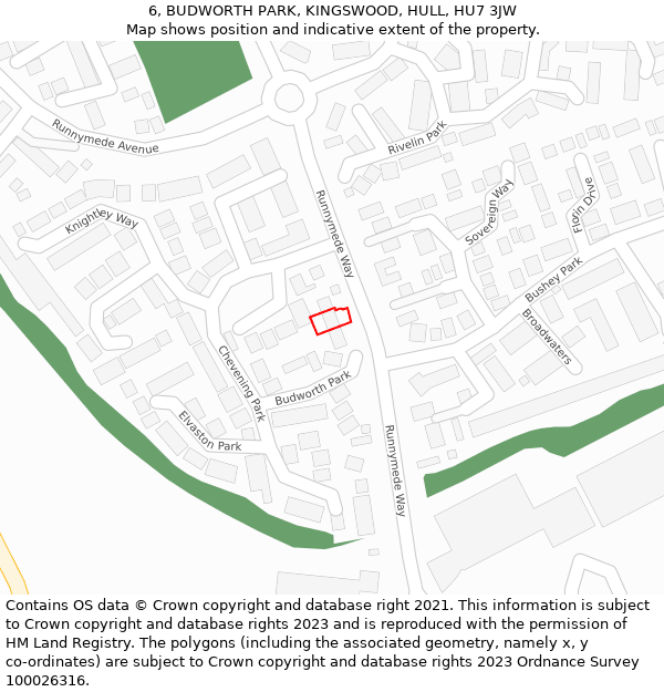 6, BUDWORTH PARK, KINGSWOOD, HULL, HU7 3JW: Location map and indicative extent of plot