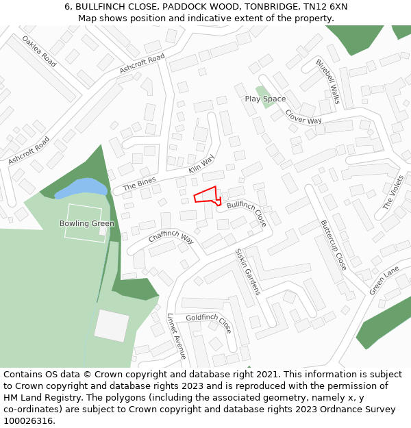 6, BULLFINCH CLOSE, PADDOCK WOOD, TONBRIDGE, TN12 6XN: Location map and indicative extent of plot