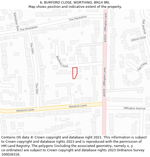 6, BURFORD CLOSE, WORTHING, BN14 9RL: Location map and indicative extent of plot