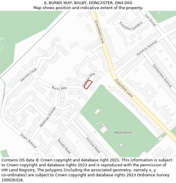 6, BURNS WAY, BALBY, DONCASTER, DN4 0XG: Location map and indicative extent of plot