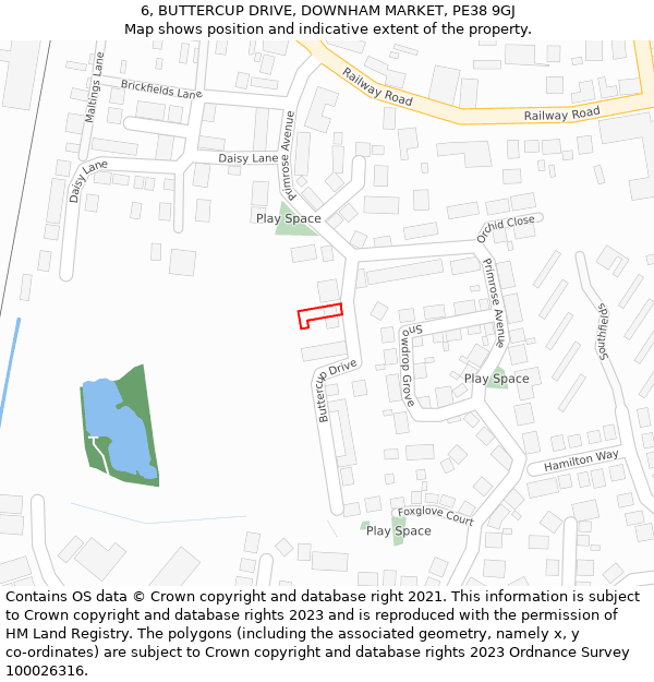 6, BUTTERCUP DRIVE, DOWNHAM MARKET, PE38 9GJ: Location map and indicative extent of plot