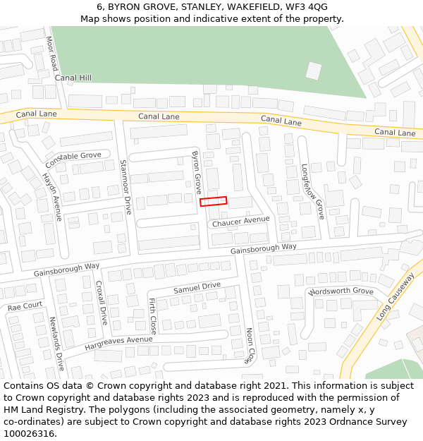 6, BYRON GROVE, STANLEY, WAKEFIELD, WF3 4QG: Location map and indicative extent of plot