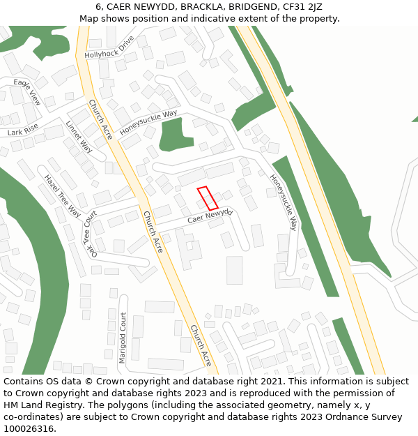 6, CAER NEWYDD, BRACKLA, BRIDGEND, CF31 2JZ: Location map and indicative extent of plot