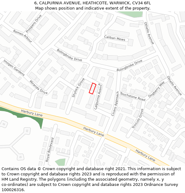 6, CALPURNIA AVENUE, HEATHCOTE, WARWICK, CV34 6FL: Location map and indicative extent of plot