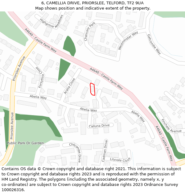 6, CAMELLIA DRIVE, PRIORSLEE, TELFORD, TF2 9UA: Location map and indicative extent of plot