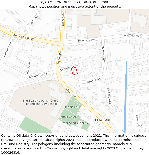 6, CAMERON DRIVE, SPALDING, PE11 2PR: Location map and indicative extent of plot
