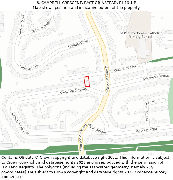 6, CAMPBELL CRESCENT, EAST GRINSTEAD, RH19 1JR: Location map and indicative extent of plot