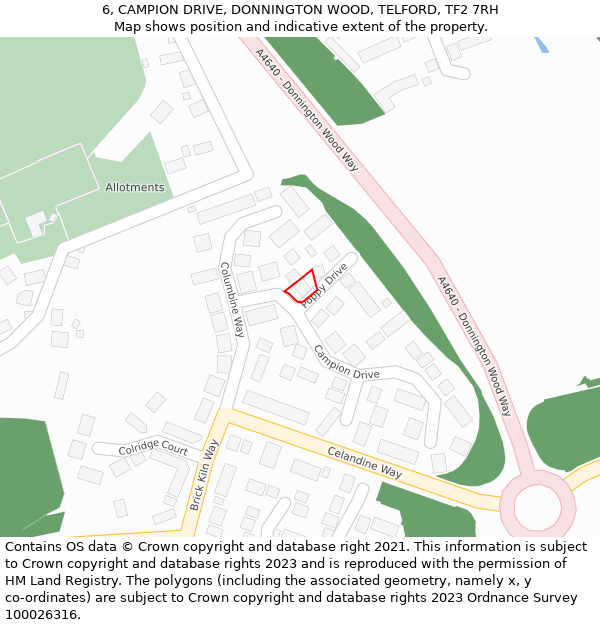6, CAMPION DRIVE, DONNINGTON WOOD, TELFORD, TF2 7RH: Location map and indicative extent of plot