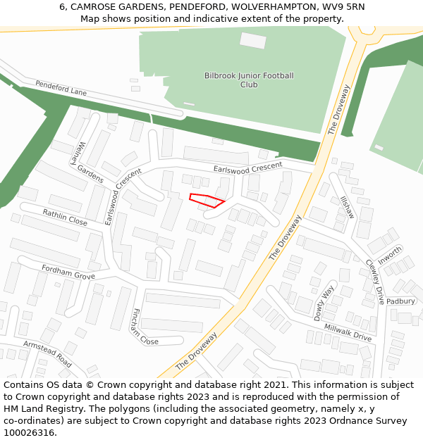 6, CAMROSE GARDENS, PENDEFORD, WOLVERHAMPTON, WV9 5RN: Location map and indicative extent of plot