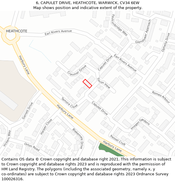 6, CAPULET DRIVE, HEATHCOTE, WARWICK, CV34 6EW: Location map and indicative extent of plot