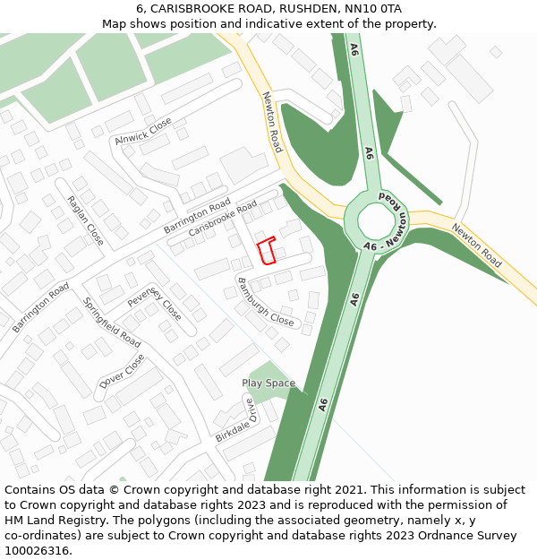 6, CARISBROOKE ROAD, RUSHDEN, NN10 0TA: Location map and indicative extent of plot