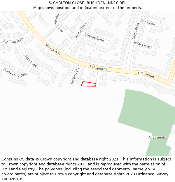 6, CARLTON CLOSE, RUSHDEN, NN10 9EL: Location map and indicative extent of plot