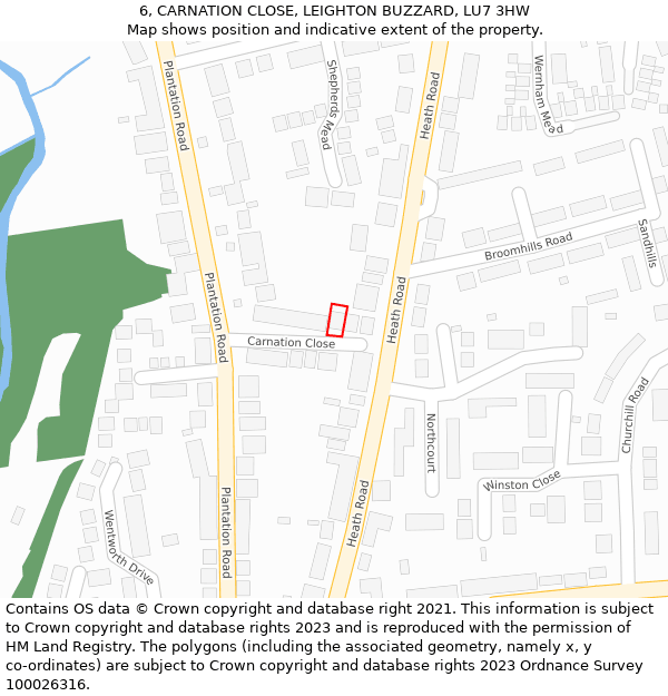 6, CARNATION CLOSE, LEIGHTON BUZZARD, LU7 3HW: Location map and indicative extent of plot