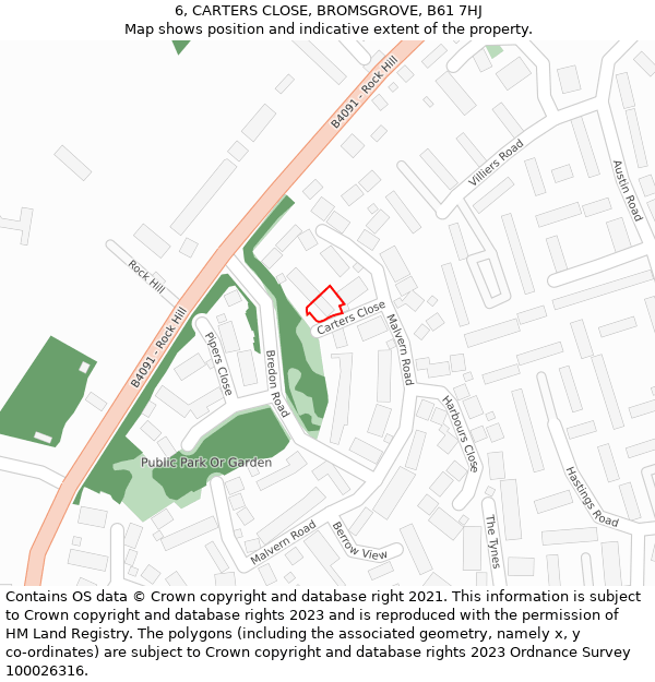 6, CARTERS CLOSE, BROMSGROVE, B61 7HJ: Location map and indicative extent of plot