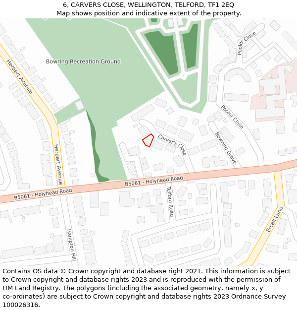 6, CARVERS CLOSE, WELLINGTON, TELFORD, TF1 2EQ: Location map and indicative extent of plot