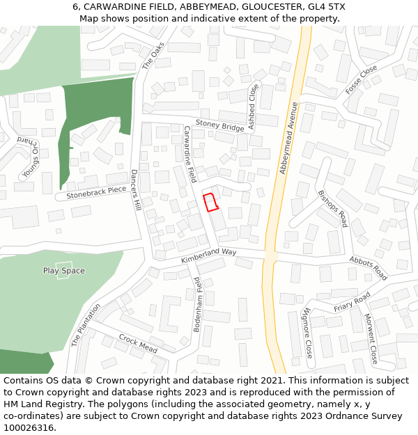 6, CARWARDINE FIELD, ABBEYMEAD, GLOUCESTER, GL4 5TX: Location map and indicative extent of plot