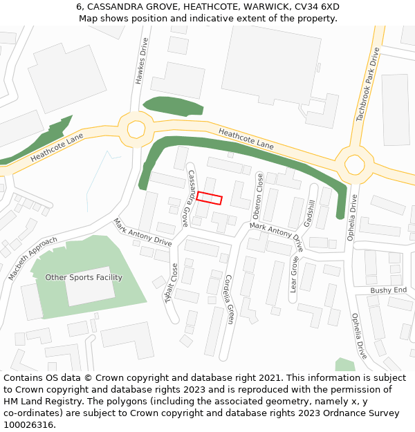 6, CASSANDRA GROVE, HEATHCOTE, WARWICK, CV34 6XD: Location map and indicative extent of plot