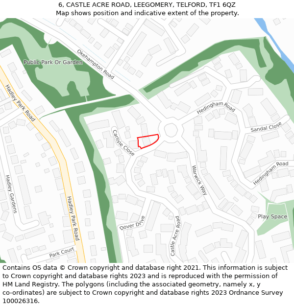6, CASTLE ACRE ROAD, LEEGOMERY, TELFORD, TF1 6QZ: Location map and indicative extent of plot