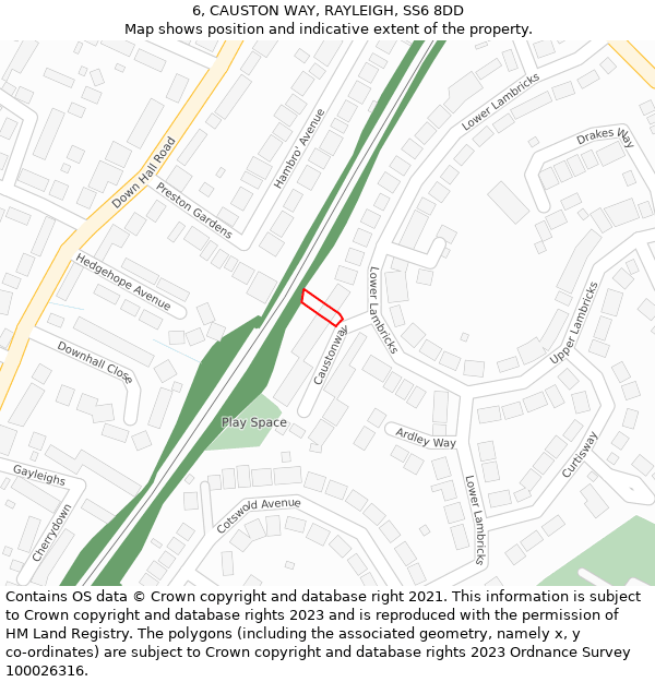 6, CAUSTON WAY, RAYLEIGH, SS6 8DD: Location map and indicative extent of plot