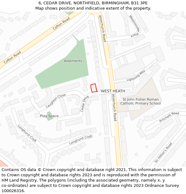 6, CEDAR DRIVE, NORTHFIELD, BIRMINGHAM, B31 3PE: Location map and indicative extent of plot