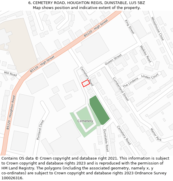 6, CEMETERY ROAD, HOUGHTON REGIS, DUNSTABLE, LU5 5BZ: Location map and indicative extent of plot