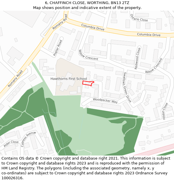 6, CHAFFINCH CLOSE, WORTHING, BN13 2TZ: Location map and indicative extent of plot