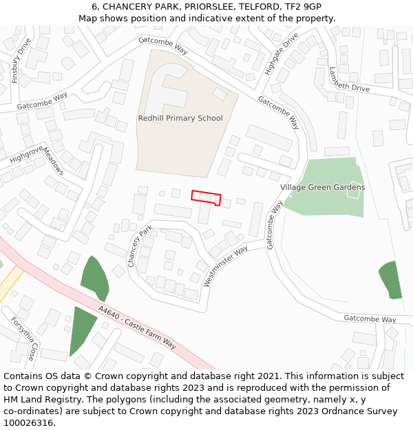 6, CHANCERY PARK, PRIORSLEE, TELFORD, TF2 9GP: Location map and indicative extent of plot