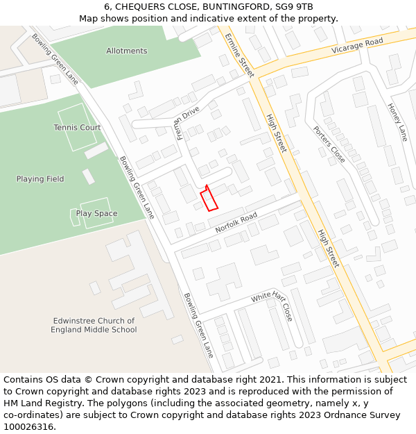 6, CHEQUERS CLOSE, BUNTINGFORD, SG9 9TB: Location map and indicative extent of plot