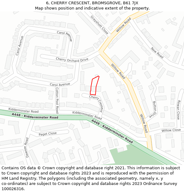 6, CHERRY CRESCENT, BROMSGROVE, B61 7JX: Location map and indicative extent of plot