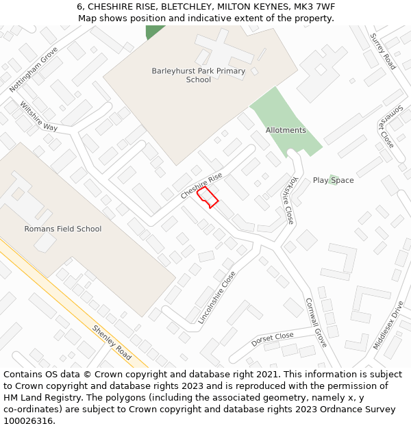 6, CHESHIRE RISE, BLETCHLEY, MILTON KEYNES, MK3 7WF: Location map and indicative extent of plot