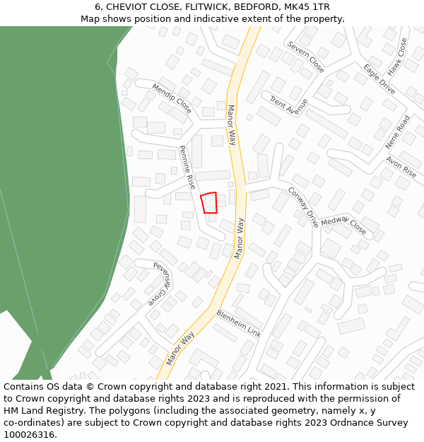 6, CHEVIOT CLOSE, FLITWICK, BEDFORD, MK45 1TR: Location map and indicative extent of plot