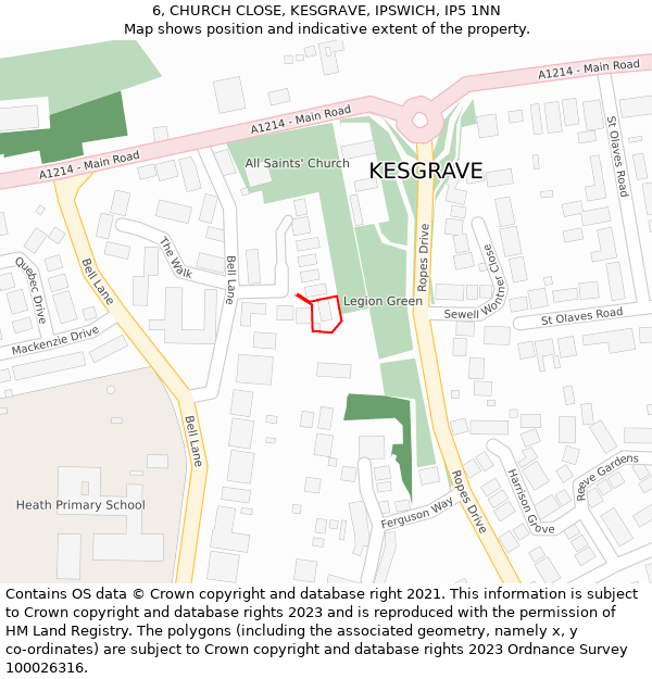 6, CHURCH CLOSE, KESGRAVE, IPSWICH, IP5 1NN: Location map and indicative extent of plot