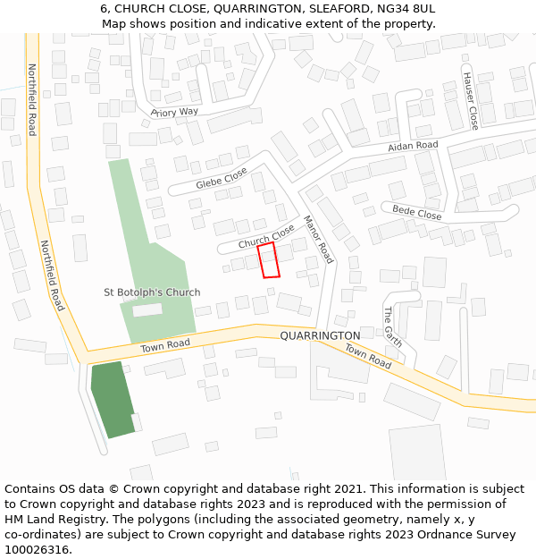 6, CHURCH CLOSE, QUARRINGTON, SLEAFORD, NG34 8UL: Location map and indicative extent of plot
