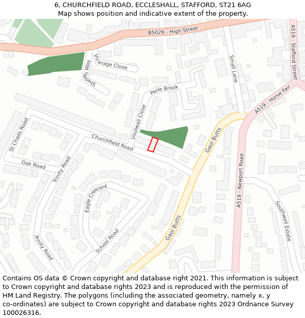 6, CHURCHFIELD ROAD, ECCLESHALL, STAFFORD, ST21 6AG: Location map and indicative extent of plot