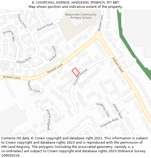 6, CHURCHILL AVENUE, HADLEIGH, IPSWICH, IP7 6BT: Location map and indicative extent of plot