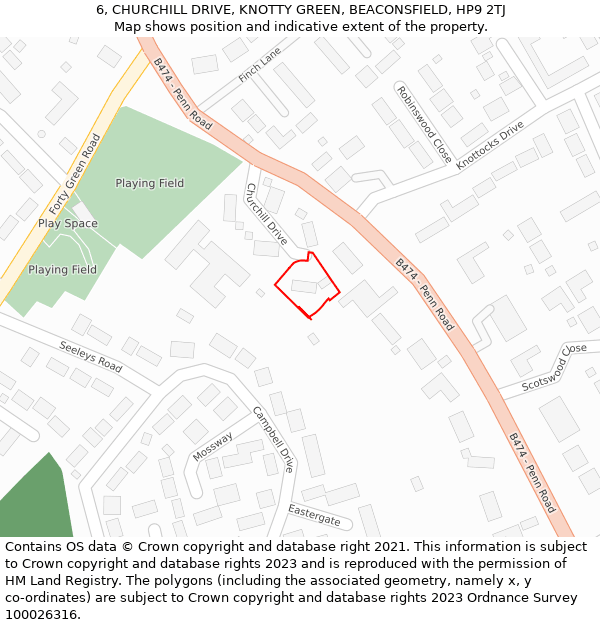 6, CHURCHILL DRIVE, KNOTTY GREEN, BEACONSFIELD, HP9 2TJ: Location map and indicative extent of plot