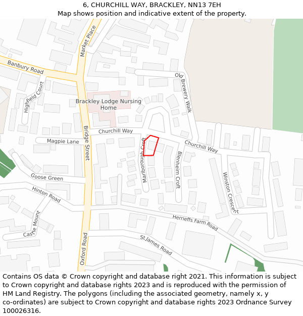 6, CHURCHILL WAY, BRACKLEY, NN13 7EH: Location map and indicative extent of plot