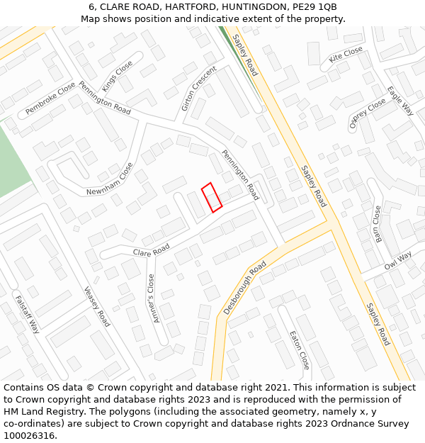 6, CLARE ROAD, HARTFORD, HUNTINGDON, PE29 1QB: Location map and indicative extent of plot