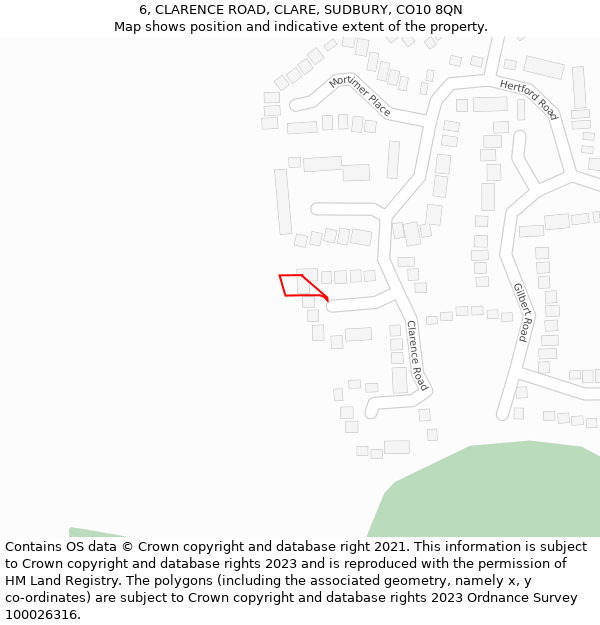 6, CLARENCE ROAD, CLARE, SUDBURY, CO10 8QN: Location map and indicative extent of plot