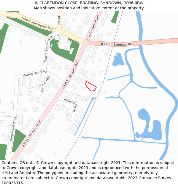 6, CLARENDON CLOSE, BRADING, SANDOWN, PO36 0BW: Location map and indicative extent of plot