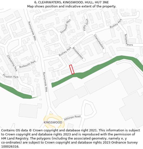 6, CLEARWATERS, KINGSWOOD, HULL, HU7 3NE: Location map and indicative extent of plot