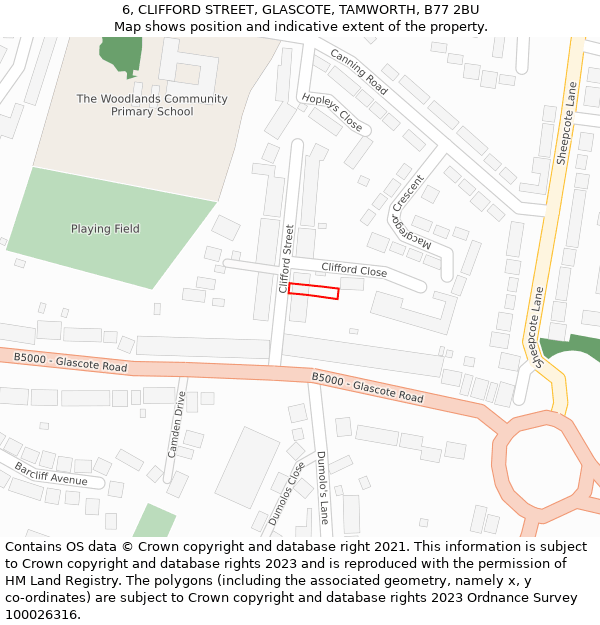 6, CLIFFORD STREET, GLASCOTE, TAMWORTH, B77 2BU: Location map and indicative extent of plot