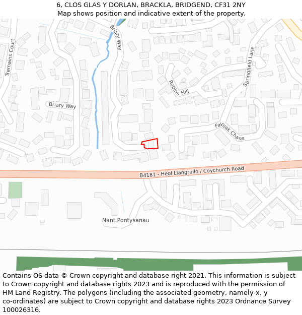 6, CLOS GLAS Y DORLAN, BRACKLA, BRIDGEND, CF31 2NY: Location map and indicative extent of plot