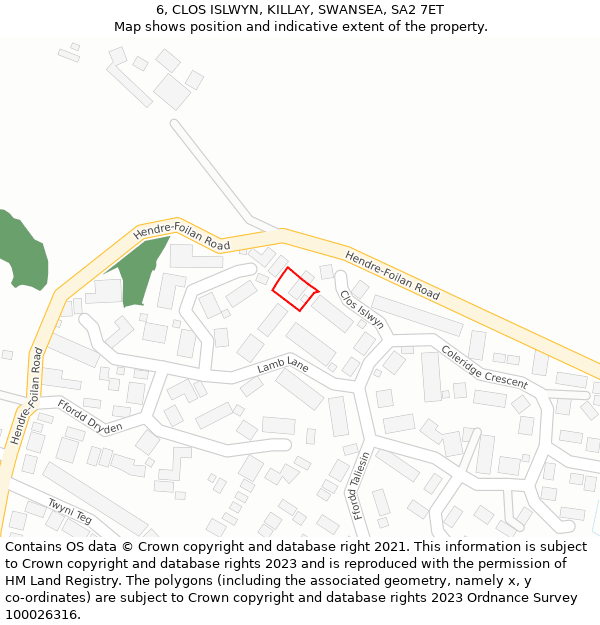 6, CLOS ISLWYN, KILLAY, SWANSEA, SA2 7ET: Location map and indicative extent of plot