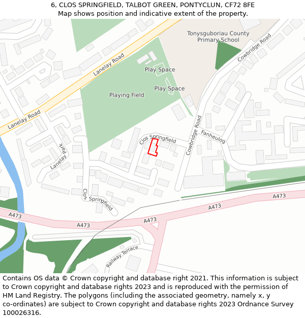 6, CLOS SPRINGFIELD, TALBOT GREEN, PONTYCLUN, CF72 8FE: Location map and indicative extent of plot